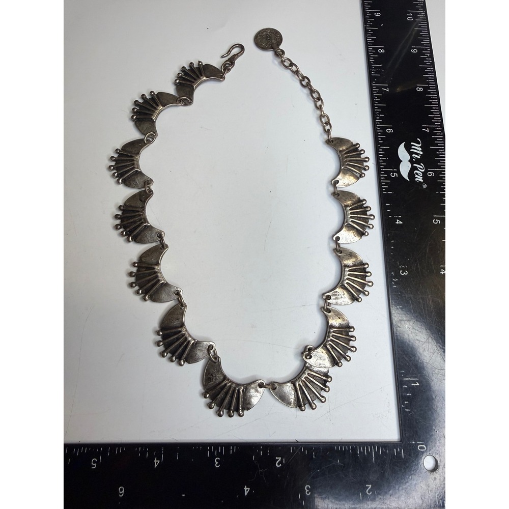 Tribal Crescent Panel Collar Necklace Silver Tone Coin Charm Boho 17.5in